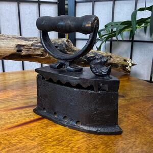 Antique Cast Iron Coal Iron with Wooden Handle